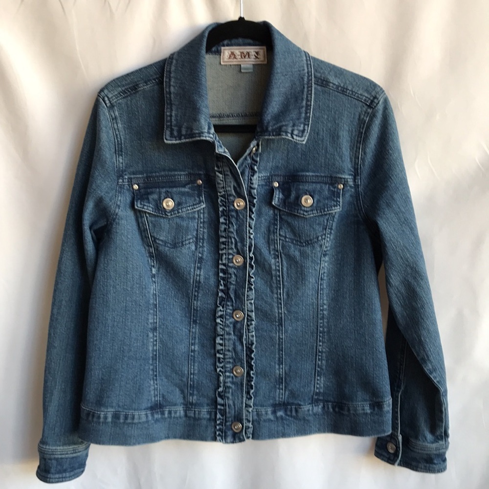 AMI denim blue jean jacket with ruffle detailing, L - Picture 1 of 11